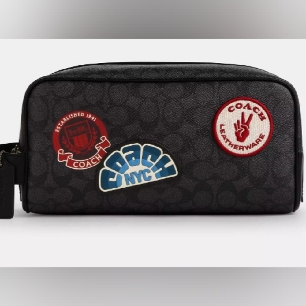 Nwt Coach Large Travel Kit In Signature Canvas With Patches